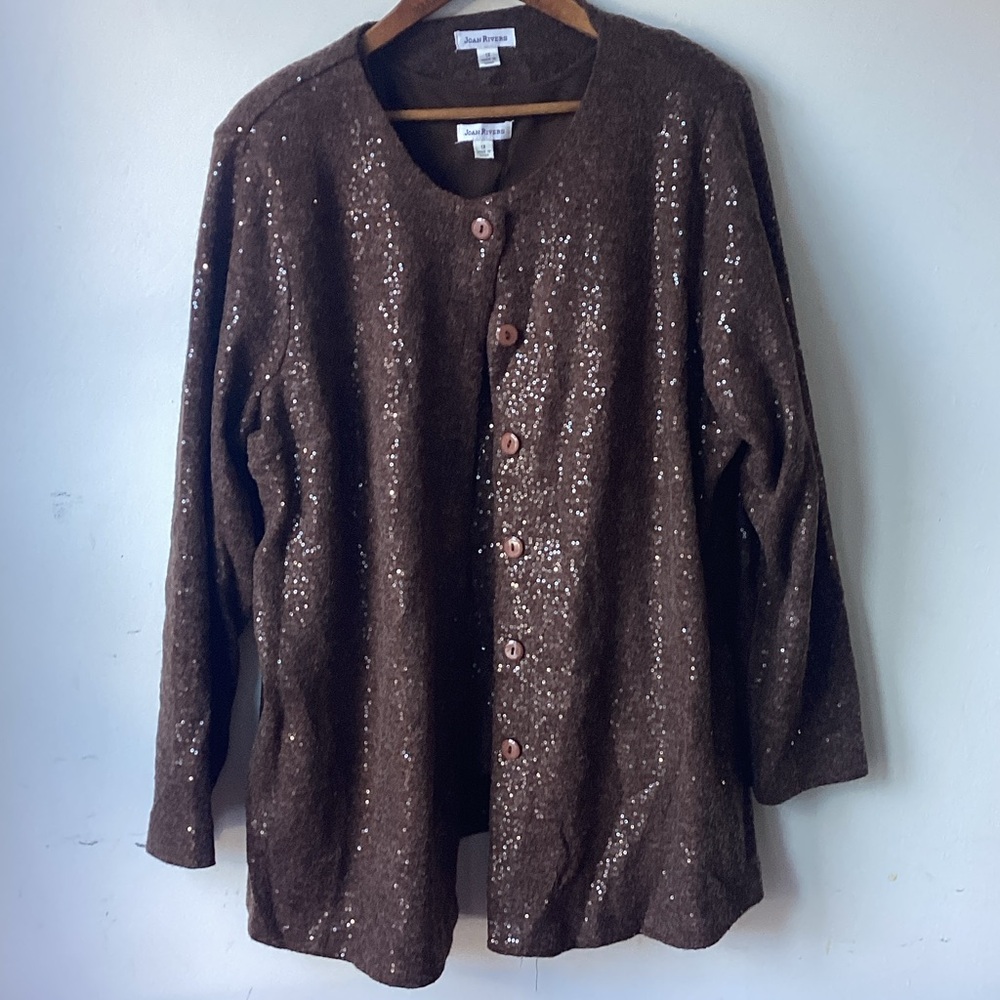 Joan Rivers 1X All-Over Sequin Tank + Jacket Set - Brown Glam!